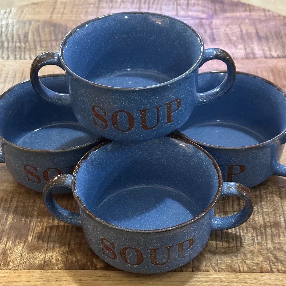 4 Mulberry Stoneware Home Collection Soup Bowls Blue & Brown Speckled 5”
